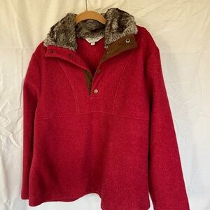 ORVIS 1.4 Snap Red Fleece Pullover Sweater Faux Fur Collar Size L